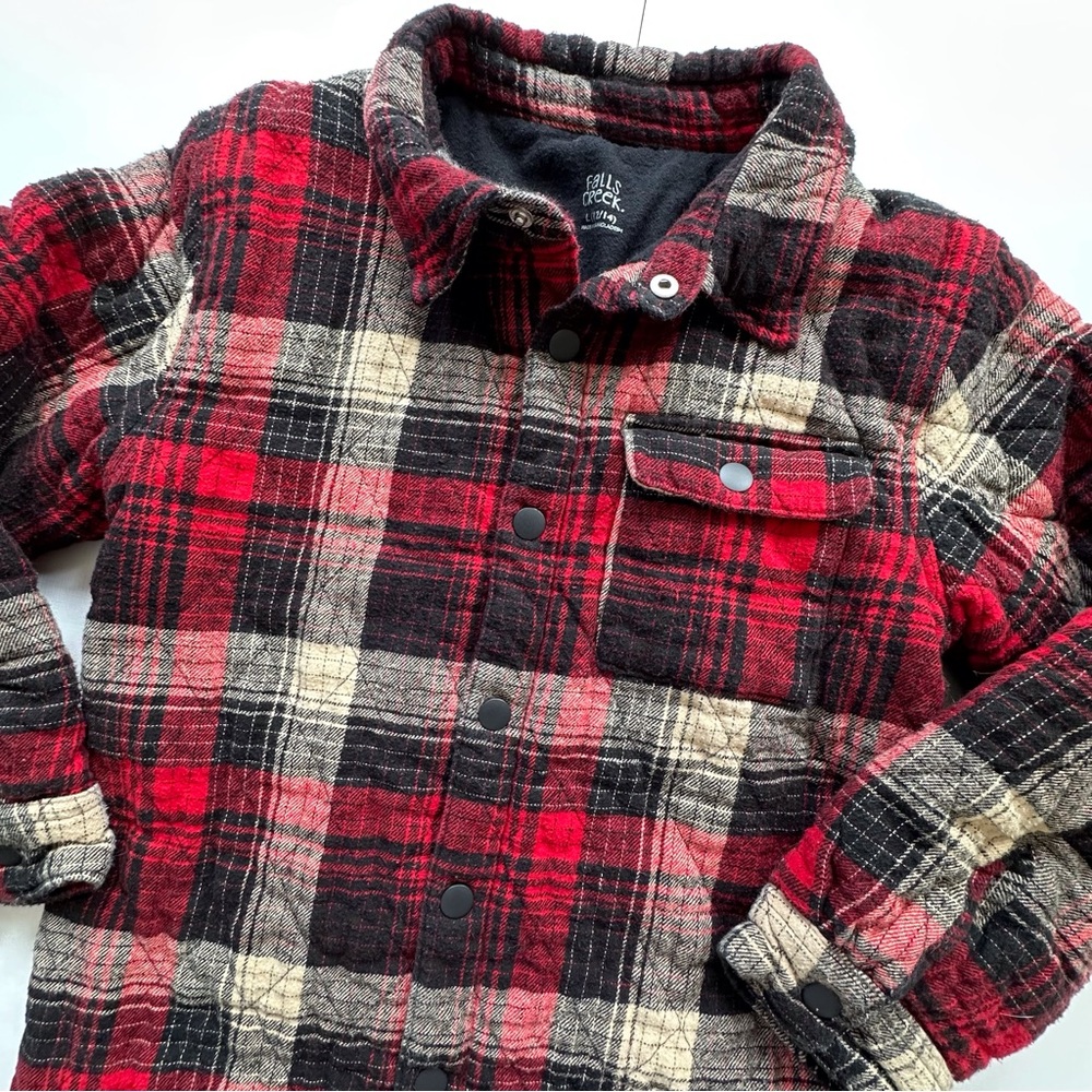 Falls Creek red, tan & black plaid flannel jacket‎ snap buttons boys L 12-14